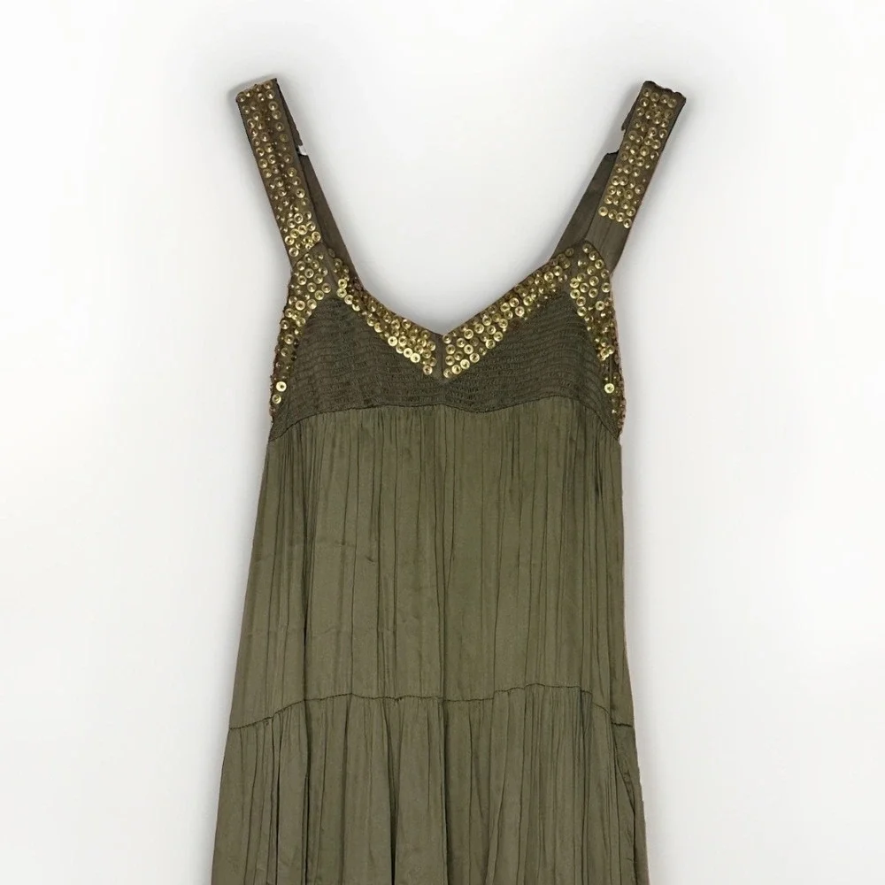Free People Isadora Maxi Dress XS Olive Satin Gold Sequin Boho Summer